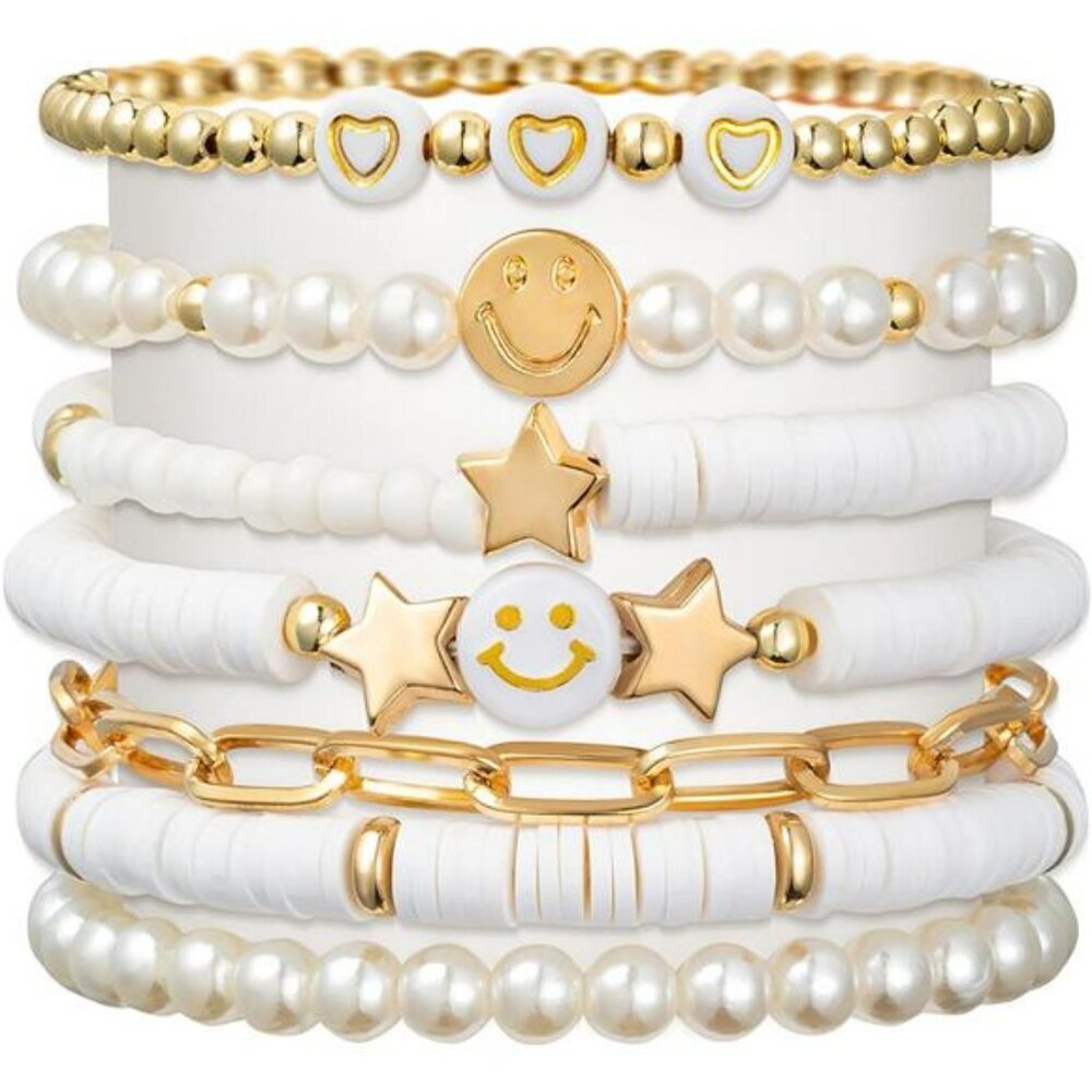 Colorful beaded bracelet set heishi pearl heart star evil eye preppy y2k jewelry